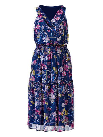 Cowl Neck Blue Floral Midi Dress