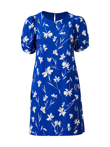 Ruched Sleeve Royal Blue Floral Dress