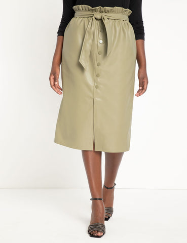 Faux Leather Snap Front Skirt in Sage