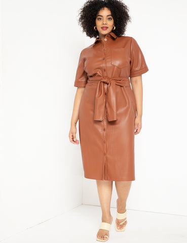 Faux Leather Trench Dress in Cognac