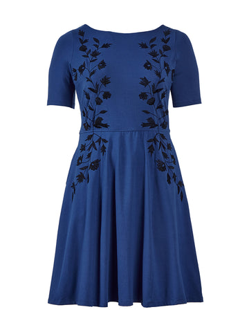 Embrodery Detail Blue Fit-And-Flare Dress