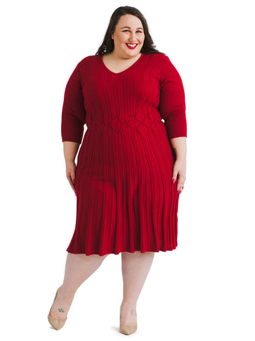 V-Neck Red Knit Sweater Dress