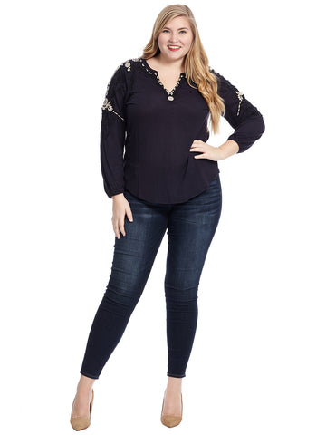 Embroidered Sleeve Navy Top