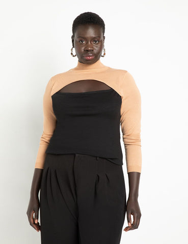 Colorblock Sweater With Cutout in Tan And Black
