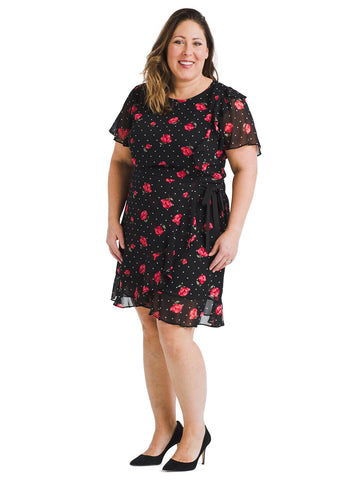 Black And Red Floral Faux Wrap Dress