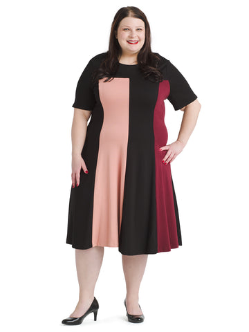 Pink Multi Colorblock Fit And Flare Dress
