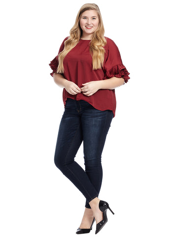 Pleated Sleeve Crushed Satin Grenache Blouse