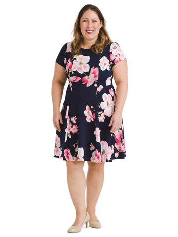 Pink Floral Seamed Fit And Flare Dress