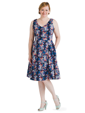 Navy And Pink Floral Print Fit And Flare Dress