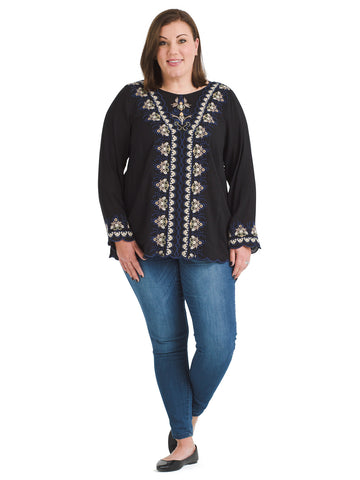 Center Embroidered Black Top