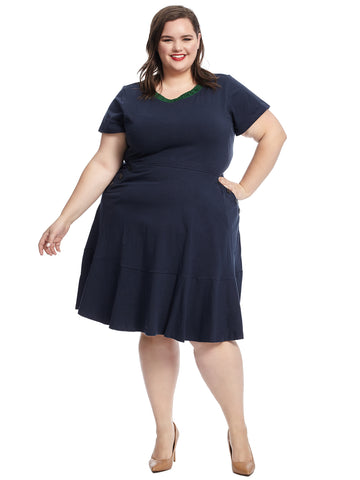 Button Detail Navy Fit And Flare Dress