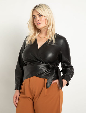 Faux Leather Wrap Top in Totally Black