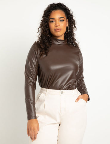 Faux Leather Turtleneck in Melted Chocolate