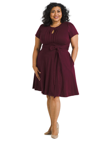 Front Pleat Burgundy Fit And Flare Dress