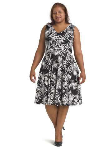 Palm Print Fit And Flare Dress