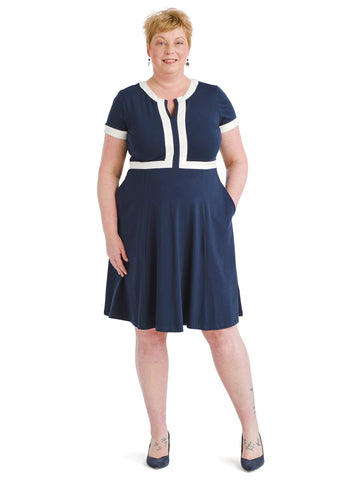 Contrast Trim Navy Fit And Flare Dress