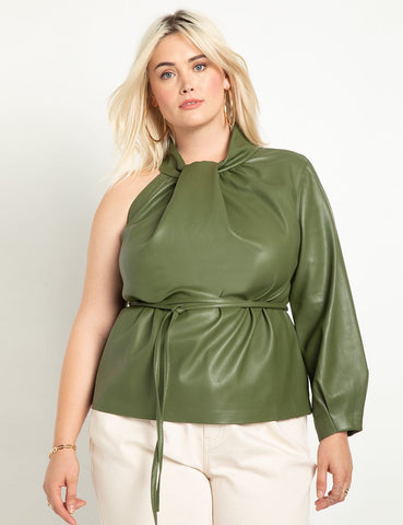One Shoulder Leather Top in Chive