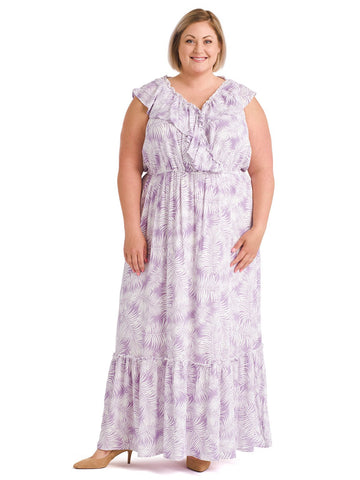 Ruffle Trim Lavender And White Print Maxi Dress