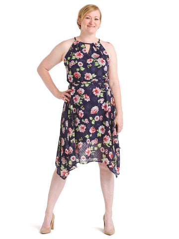 Keyhole Front Floral Navy Fit And Flare Dress