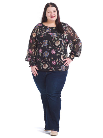 Batwing Floral Chiffon Overlay Blouse