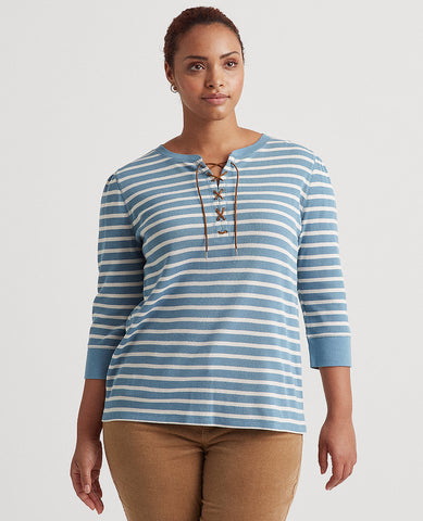 Woman Striped Lace-Up Waffle-Knit Top In Blue/Cream