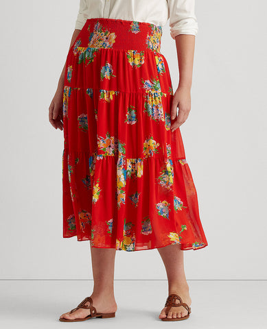 Woman Floral Georgette Midi Skirt In Red Multi