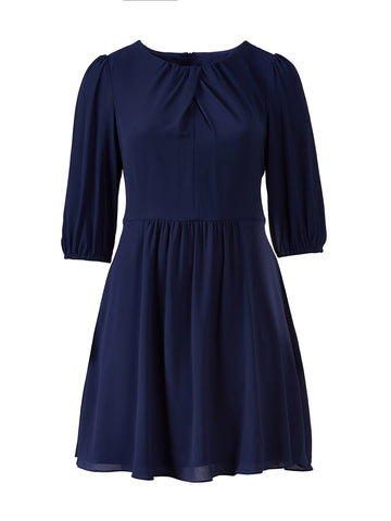 Navy Pleat Neck Fit-And-Flare Dress