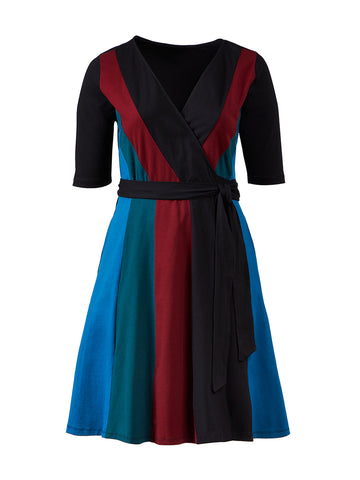 Colorblock Stripe Faux-Wrap Dress