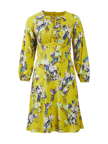 Citronella Lime Floral Puff Sleeve Fit-And-Flare Dress