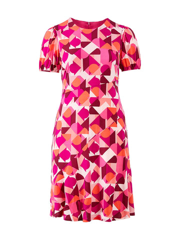 Puff Sleeve Geo Print Fit-And-Flare Midi Dress