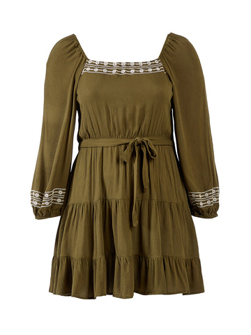 Embroidered Square Neck Olive Dress