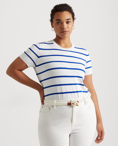 Woman Striped Short-Sleeve Sweater In White/ Blue