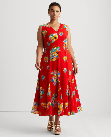 Woman Floral Georgette Sleeveless Dress In Red Multi