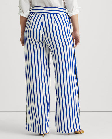 Ralph Lauren Size XXL Woman Striped Satin Wide-Leg Pant In Blue/Cream