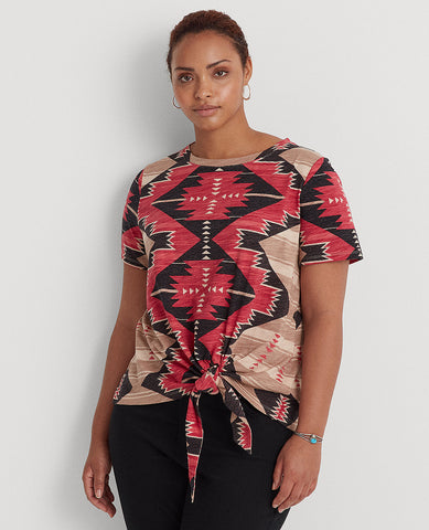 Woman Southwestern-Print Tie-Waist Jersey Tee In Tan Multi