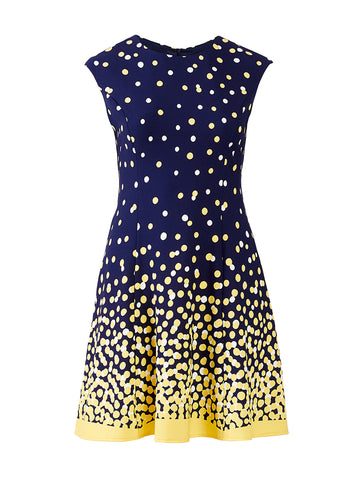 Navy Yellow Polkadot Fit-And-Flare Dress