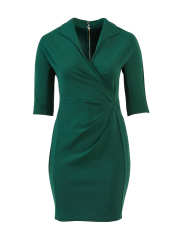 Emerald Green Collared Side Ruched Sheath Dress