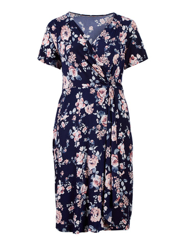 Navy Floral Surplice Fit-And-Flare Dress
