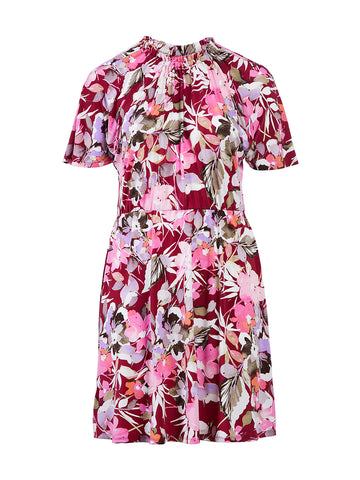 Fuchsia Floral Smocked Neck Fit-And-Flare Dress