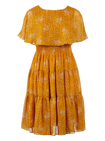 Chiffon Smocked Waist Mustard Fit-And-Flare Tiered Dress