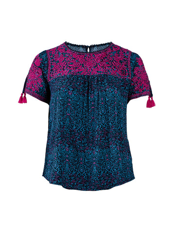 Teal And Magenta Embroidered Top