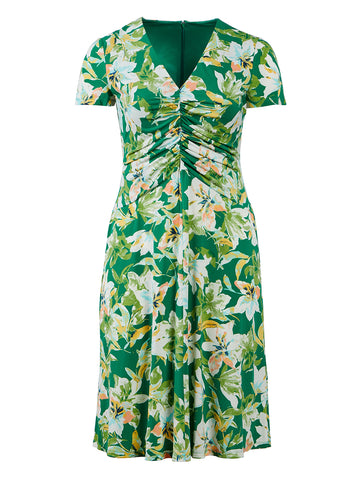 Olive Green Floral Ruched Midi Dress
