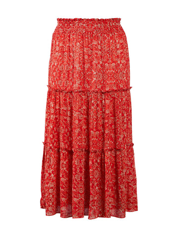 Coral Red Floral Tiered Skirt