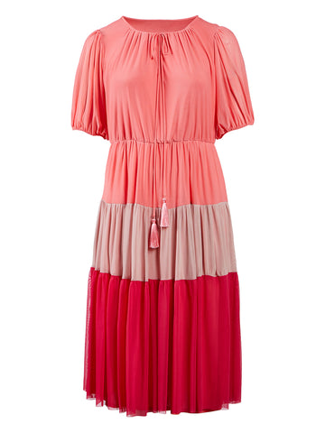 Pink Tiered Color Block Midi Dress