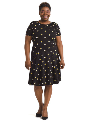 Black Bee Print Fit-And-Flare Dress