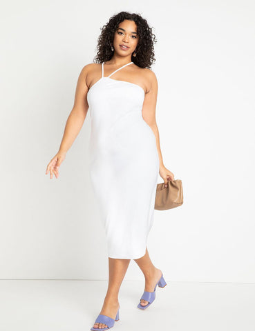 Asym Strap Ribbed Dress in True White