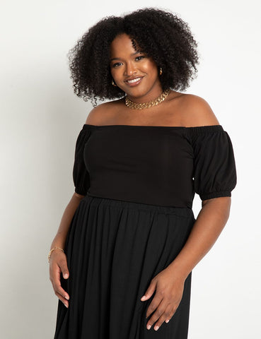 Off The Shoulder Puff Sleeve Top in Totally Black