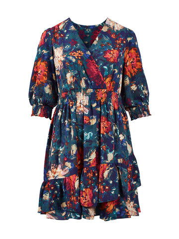 Cuffed Elbow Sleeve Floral Print Fit-And-Flare Dress