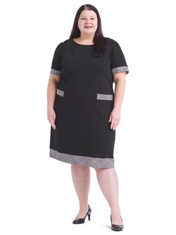 Checked Trim Black Shift Dress