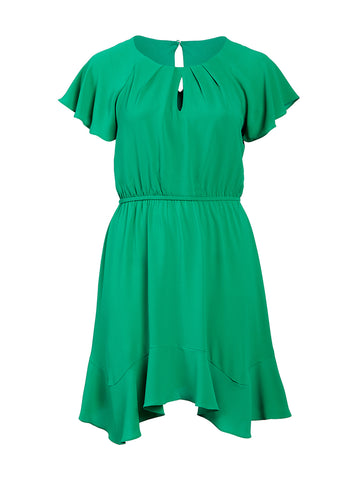 Pleated Keyhole Green Fit-And-Flare Dress